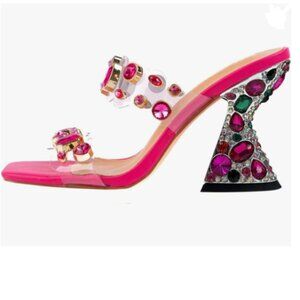 YDN Hot Pink Studded Mules Colorful Rhinestone Slippers Slip On Sandals